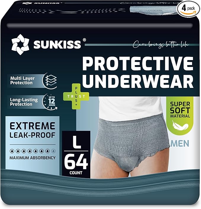 SUNKISS Incontinence Underwear for Men, Daytime Disposable Adult Pull Ups, Mens Protective Briefs with Maximum Absorbency, Large, Grey, 64 Count