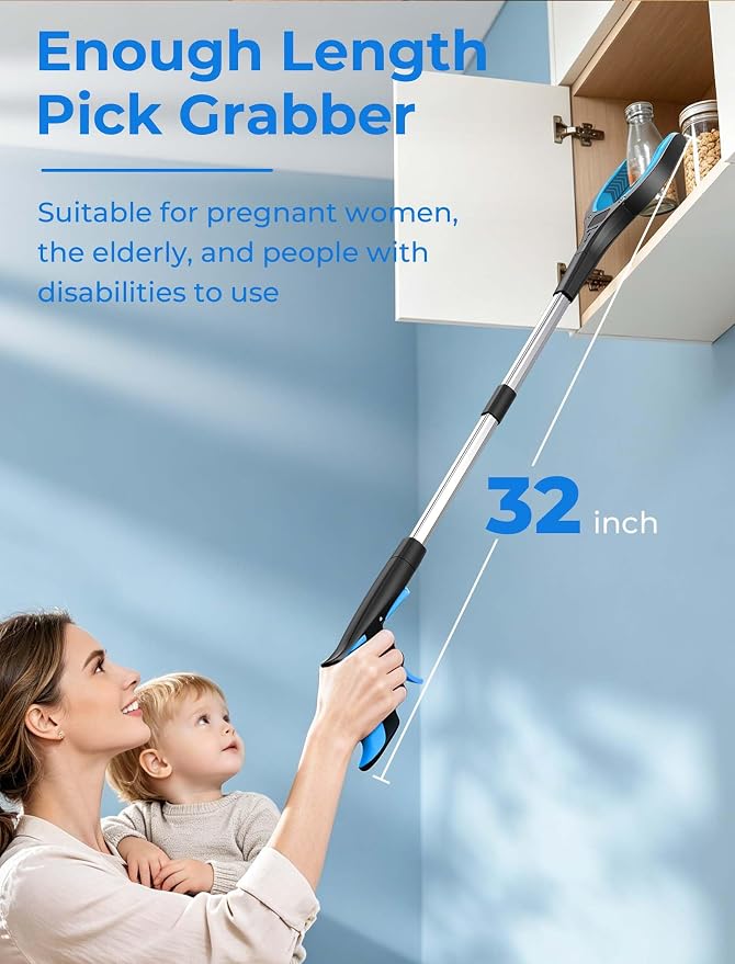32" Grabber Reacher Tools, 2 Pack Upgraded Strong Foldable Reacher Grabber Heavy Duty Pickup Tool, 4" Wide Claw Opening & 360° Rotating Jaw & Magnet Lightweight Grabber Tool for Senior Patient