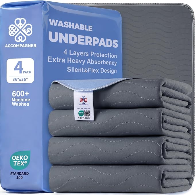 Accompagner Incontinence Bed Pads Washable Waterproof, Ultra-Absorbent Reusable Underpads for Diaper Changing, Nursing, Bedridden, Adults, Seniors, Kids and Dogs (Dark Gray, 36"x36"(Pack of 4))
