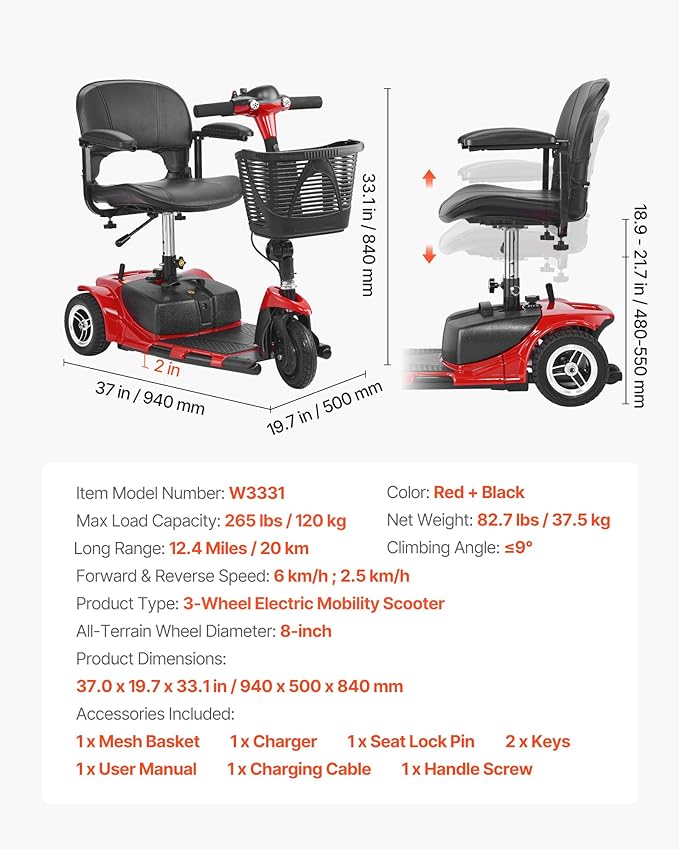 VEVOR 3 Wheel Folding Mobility Scooter for Adults & Seniors, Heavy-Duty Electric Powered Mobility Scooter & 12 Mile Long Range, All Terrain Travel Wheelchair with 9° Climbing Capacity, 265lb Capacity