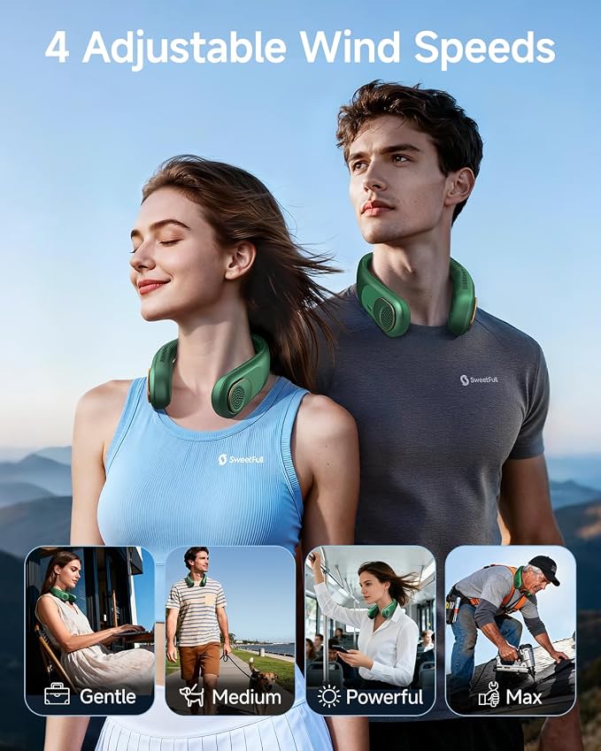 SWEETFULL Portable Neck Fan: 5200mAh Bladeless Personal Fan | 4 Speeds, 20H Max Runtime, No Hair Twist Quiet Wearable Fan for Travel | Birthday Gifts for Men Women Mom Dad