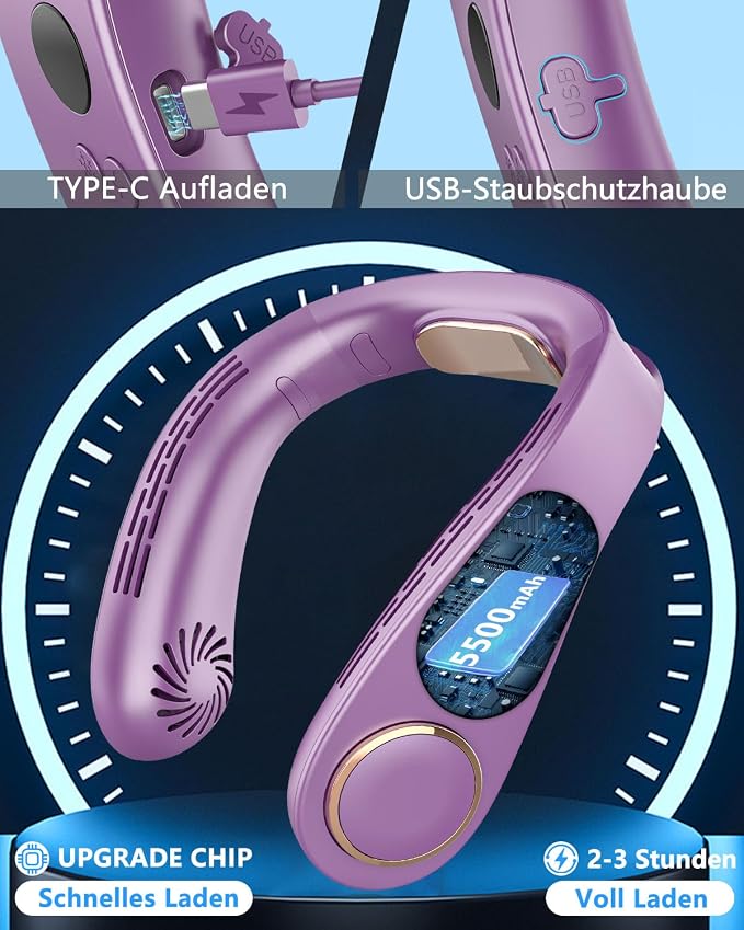 Personal Neck Fans that Blow Cold with Cooling Plate, Wearable Around Bladeless Cooling Device, Rechargeable Head Neck Coolers for Kids Women Men Extremely Hot Weather Outdoor Indoor, Purple