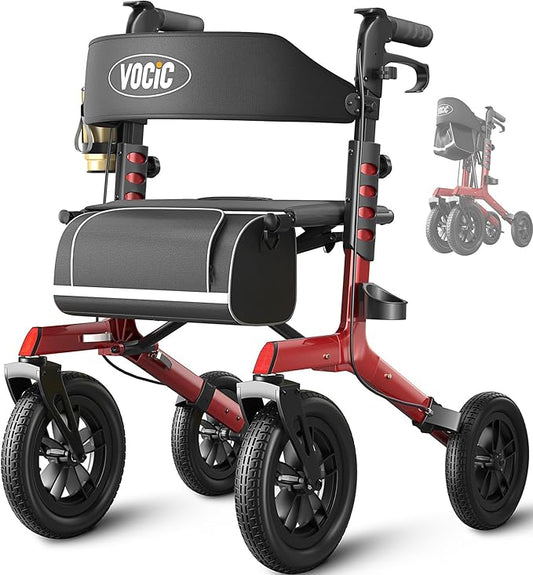 VOCIC Walker with Seat for Seniors, Z57 Outdoor Rollator Walker with 12" All Terrain Big Wheels, 7-Level Adjustable Height Rolling Walker with Safety Brakes, Storage Bag, Cup Holder