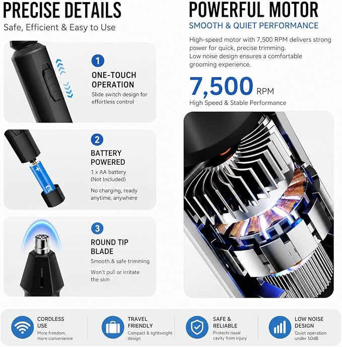 Oogway Master® Nose Hair Trimmers for Men, IPX7 Waterproof Ear and Nose Hair Cutter Remove Clipper, Dual Edge Blades for Easy Cleansing, Portable Electric Eyebrow & Facial Grooming Kit Painless