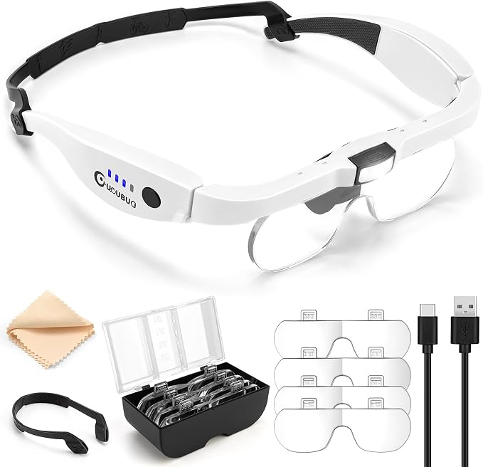 Magnifying Glass with Light, 1.5X-5.0X Magnifying Glasses 4 Lenses | Detachable,Light Weight Acrylic Lens, Rechargeable, Adjustable Magnifier Headset, Magnify Glasses for Close Work Crafts Hobby