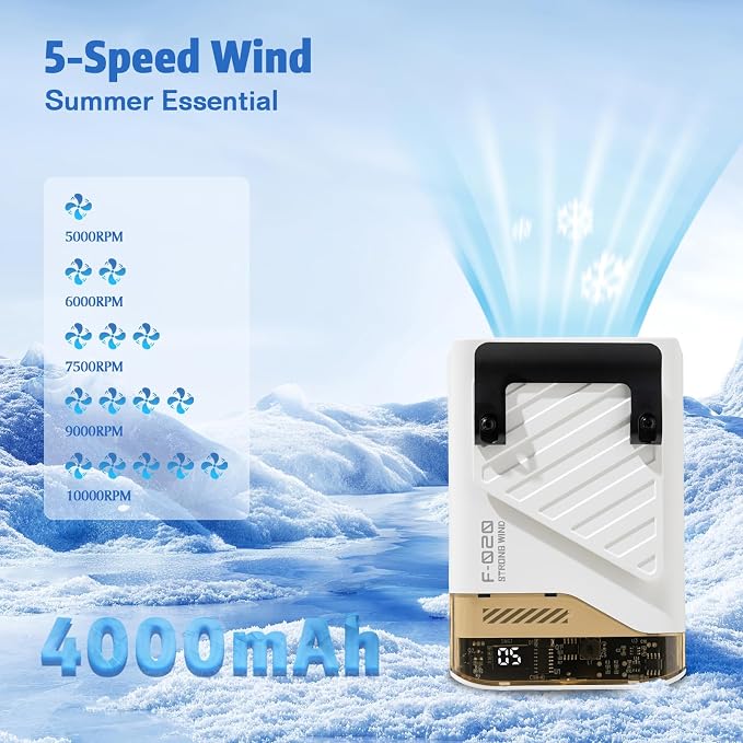 Portable Waist Fan, USB C Powerful Rechargeable Handheld Operation Cooling Shirt Fan LED Display Personal Clip On Wearable Neck Straps Fans with Lanyard Outdoor Working Sports Camping Travel