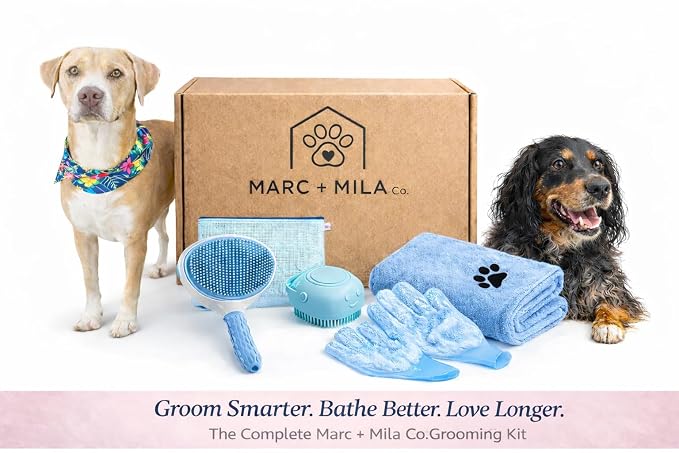 6-Piece Dog and Cat Grooming Kit - Self Cleaning Slicker Brush, Deshedding Brush, Bath Brush with Soap Dispenser, Grooming Bath Gloves, Microfiber Towel and Storage Pouch (Blue)