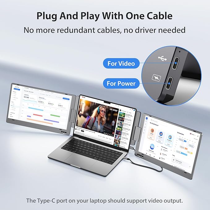 KYY Triple Laptop Screen Extender, 14" 1080P FHD IPS Dual Portable Extended Monitor, USB C Travel for 12-16'' Laptop, 210°Rotation & Kickstand, Plug and Play, X90 (Windows Only)