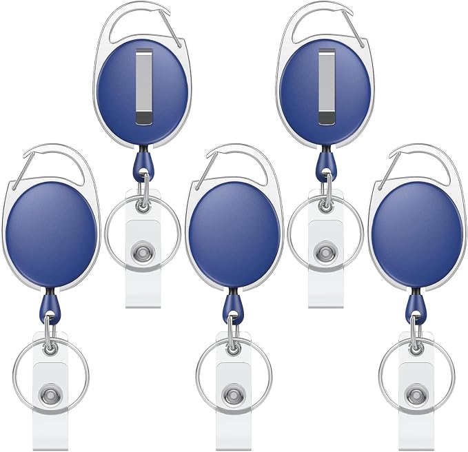 Uniclife 5 Pack Retractable Badge Reel for Badge Holder Blue Heavy Duty Retractable Keychain Strong ABS Casing with Stainless Steel Spring Coil 24 Inch Nylon Rope Carabiner Clip and Key Ring