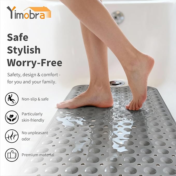 Yimobra Non Slip Bathtub Mat 40 x 16 Inch, Extra Long Shower Mat with Drain Holes, Machine Washable Baby Bath Mats, Strong Suction Cups for Bathroom Floor, Grey