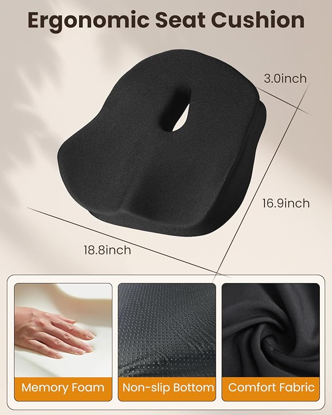 Seat Cushion, X Large Office Chair Cushion for Sciatica Pain Relief, Memory Foam Ergonomic Cushions Pad Pillow for Car, Home, Hip, Tailbone, Coccyx, Long Sitting