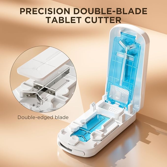 Pill Cutter Splitter for Small and Tiny Pills, 1/2 1/3 1/4 Pill Splitter for Small Pills,Vitamins, Tablets in Half or Quarters, Accurate and Easy Cutting, Stainless Steel Blade, Back Storage (White)