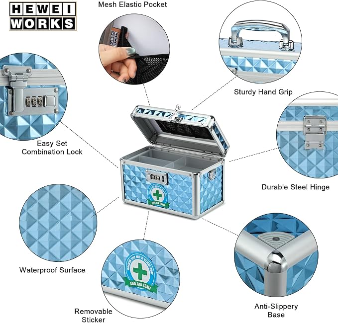 Storage Lock Box with Combination Lock, Lockable Medicine Storage Box, Empty First Aid Box, Security Lock Box, Multipurpose Locking Box for Home and Outdoor Use (Blue, Small)
