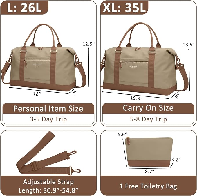 ELONGRIVER Travel Duffle Bag for Women, Weekender Bags, Hospital Bag for Labor Delivery, Lightweight Tote Duffel Overnight Bag with Luggage Sleeve, Airplane Travel Bags with Toiletry Bag, Large, Khaki