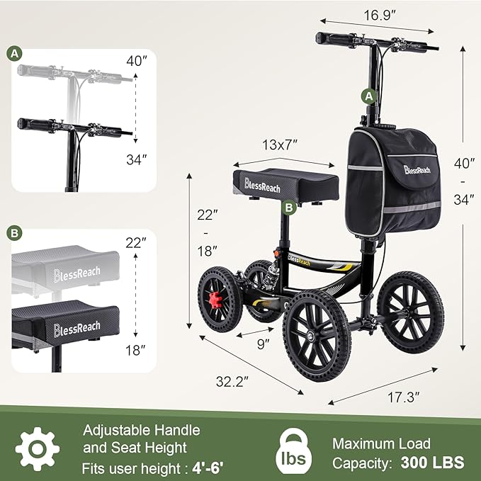Knee Scooter, 300lbs Capacity, 13" Big PU Seat, Disc Brake Knee Walker, All Terrain Foldable Knee Scooter Walker with Bag for Foot Injuries Compact Crutches Alternative (Black)