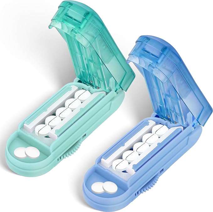 DUBSTAR 2PCS Pill Cutter Splitter for Small and Tiny Pills, Multiple Pill Cutters for Small or Large Pills, Adjustable Pill Splitter with Centering Device and Blade Guard (Blue+Cyan)