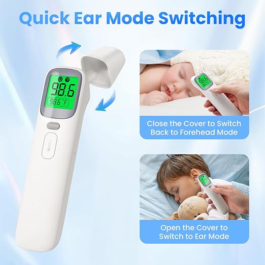 3-in-1 Ear Forehead Thermometer for Adults Kids with Object Mode | Accurate Digital Baby Thermometer, ANG Fever Alarm LCD Screen, 2*AAA batteries Included, Silent Mode with Storage Bag White
