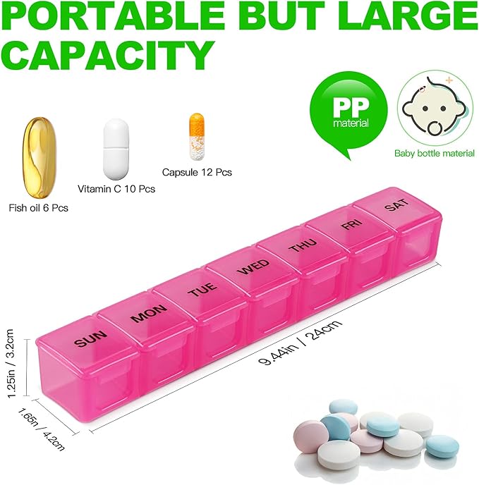 Pink XL Extra Large Weekly and Daily Pill Organizer for Pills/Vitamin/Fish Oil/Supplements (Pink)