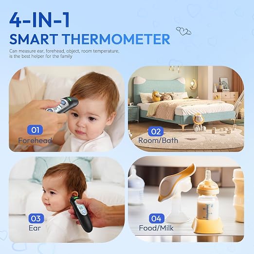 Ear and Forehead Thermometer for Adults & Kids, 1s Accurate Result (Black) | Fever Alarm