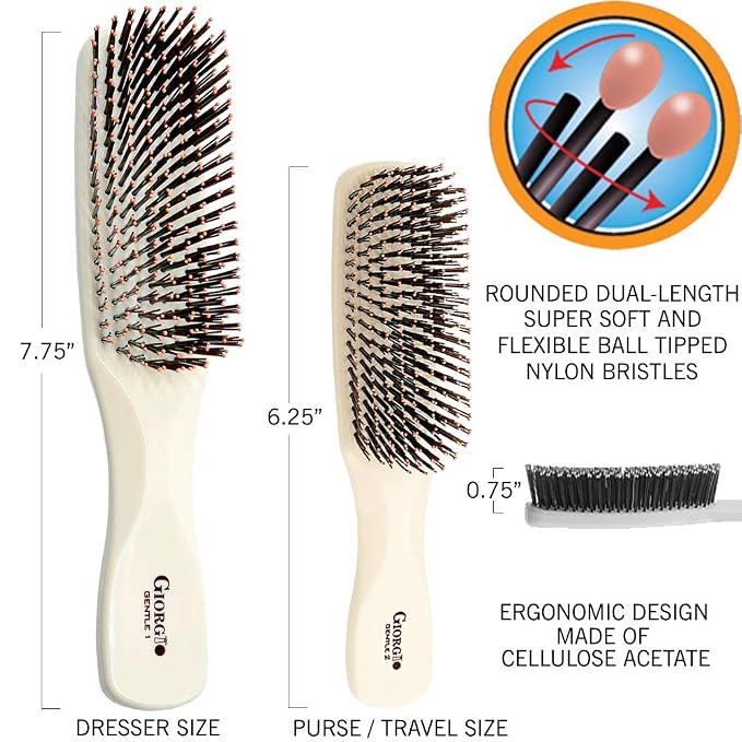 Giorgio GIO1IVY - GIO2IVY Ivory Gentle Touch Detangler Hair Brush for Men Women and Kids. Soft Bristles for Sensitive Scalp. Travel Brush, Wet and Dry for all Hair Types. Scalp Massager Brush