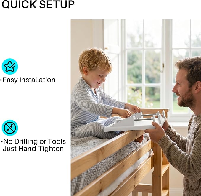 JOYMOOP Clip-On Bedside Shelf for Bunk Beds, Dorm Room Essentials, Bedside Caddy, No-Tool Install Bed Side Table Storage for Loft, Platform Beds, Nightstand Caddy for Phone, Glasses, Book (White)