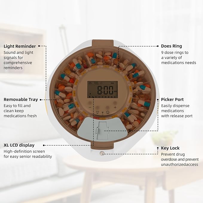 Bluetooth Automatic Pill Organizer with APP Control for Elderly | APP/Sound/Light Reminders, Tracks Adherence History, Up to 9 Daily Doses, Clear LCD Display, Top Lock & Ergonomic Curved Lid
