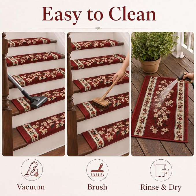 Rounded Bullnose Carpet Stair Treads for Wooden Steps Indoor, No Tape Non Slip Step Mats with TPU Backing & Steel Reinforced Edge for Dogs Elders,Red Floral,2