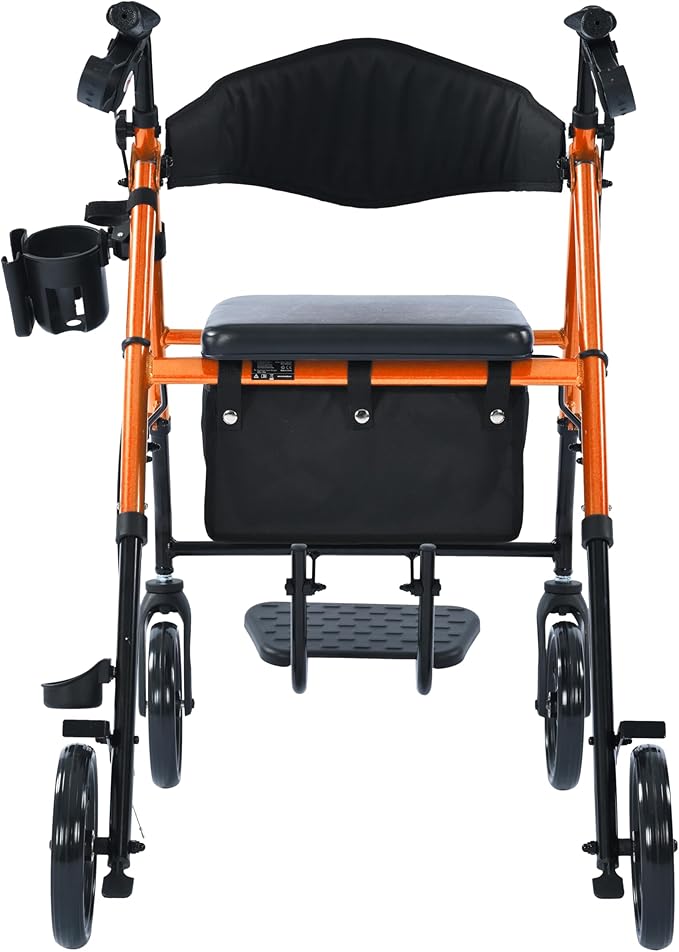 Metro Mobility 2 in 1 Rollator Walker & Transport Wheelchair, Foldable Lightweight Rollator Walker with Seat for Seniors, 8" Big Wheels for All Terrain, 300 lb. Weight Capacity, Orange