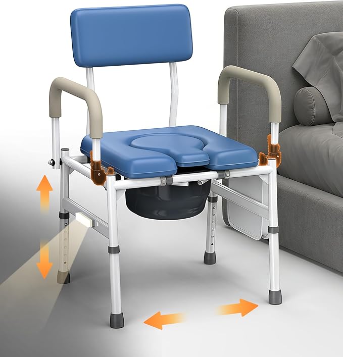 VOCIC Drop Arm Bedside Commode with Night Light, Extra Wide Adjustable, 400 lbs Padded Seat Portable Potty, 6.3QT Bucket, Heavy Duty Steel Commode Over Toilet Chair for Seniors, YR11