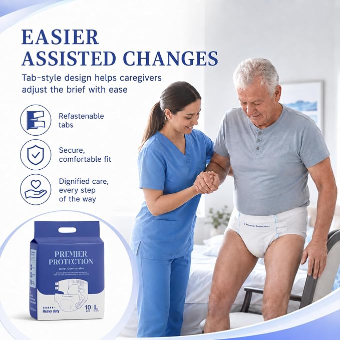 Adult Incontinence Briefs Tab Style, Heavy Absorbency with Wetness Indicator, Refastenable Tabs, Breathable & Soft, Men and Women, Medium & Large, 10 Count