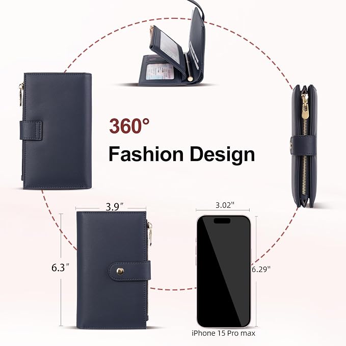 yiijay Wallet for Women RFID Blocking Leather Trifold Clutch Wallet Credit Card Holder Ladies Travel Wallet Purse with Passport/Pen Holder