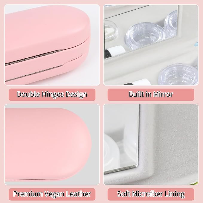 2 in 1 Contact Lens Case and Eyeglasses Case for Women Men Kids, Double Sided Hard Shell Portable Glasses Travel Holder with Built-in Mirror, Contact Lens Box (Pink)