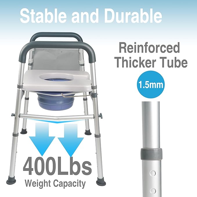 3-in-1 Bedside Commode, Porta Potty Chair for Adults with Sturdy Dual-Crossbar Support Construction, Stable Raised Toilet Seat 400 Lbs Bedside Commodes for Seniors