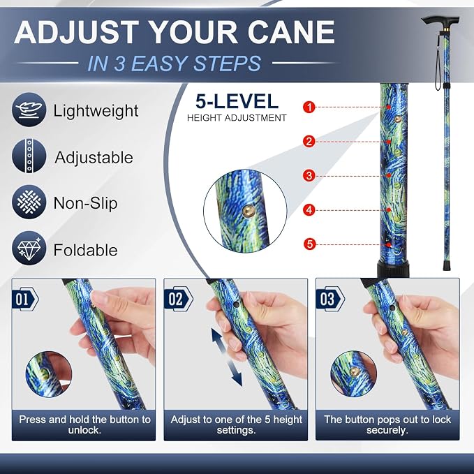 supregear Folding Cane, 5-Level Adjustable Height Walking Stick Lightweight Collapsible Portable Travel Cane with Wrist Strap and T Handle for Elderly Disabled Men Women