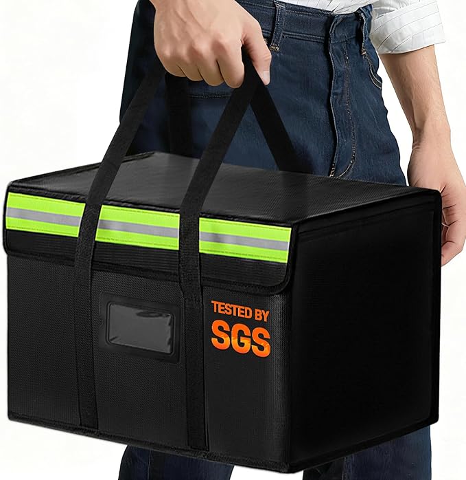 Large Fireproof Document Bag for Home Safe Storage, 15 x 12 x 12in, Black | 2000°F fireproof document box, 4-layer fiberglass important document storage for photo, file and cash with reflective strip