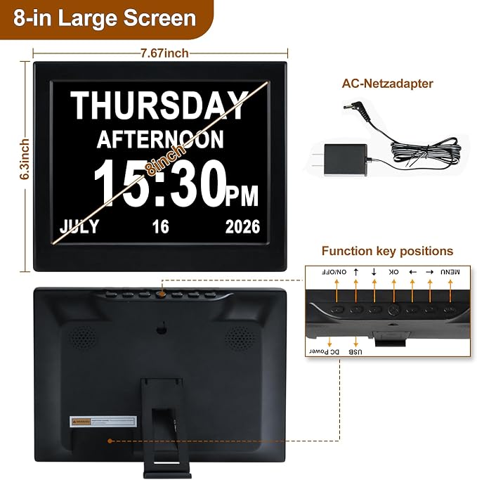 Day Date Time Clock for Seniors Elderly 3 Medication Reminders+ 5 Custom Reminders Digital Calendar Dementia Impaired Vision Memory Loss Clock(Black,8-inch)