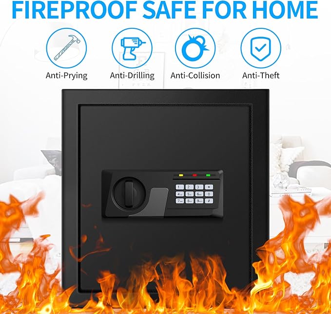 2.3 Cuft Fire proof Safes for HOME USE, Digital Security Safe Box with Programmable Keypad and Spare Keys, Safety Box for Home Office Business, Document Safe for Money Medicine Valuables