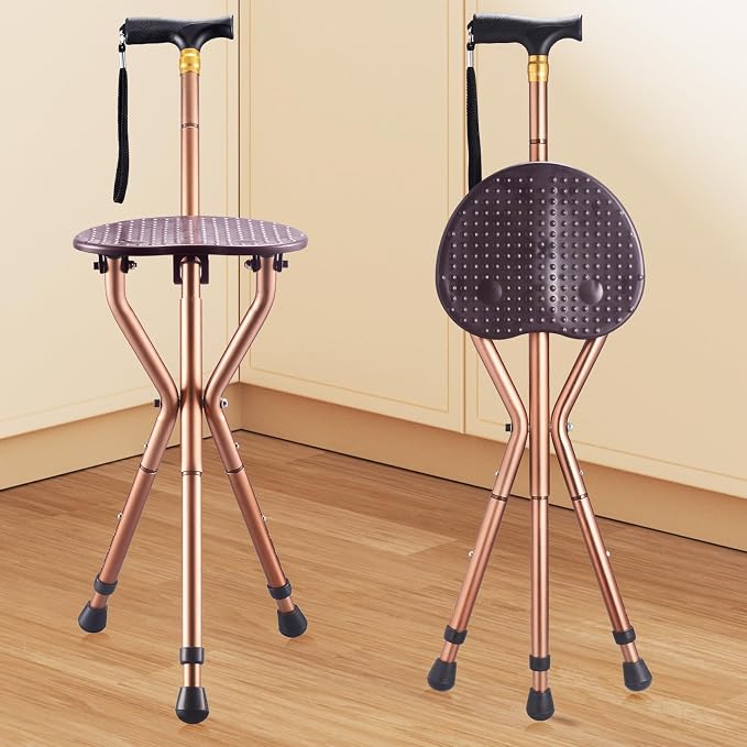 Anti-Slip Walking Cane with Seat Folding Lightweight,Walking Stick Height Adjustment,Portable and Sturdy Cane Chair for Travel Outdoor Use, Queuing, Elderly Women and Men