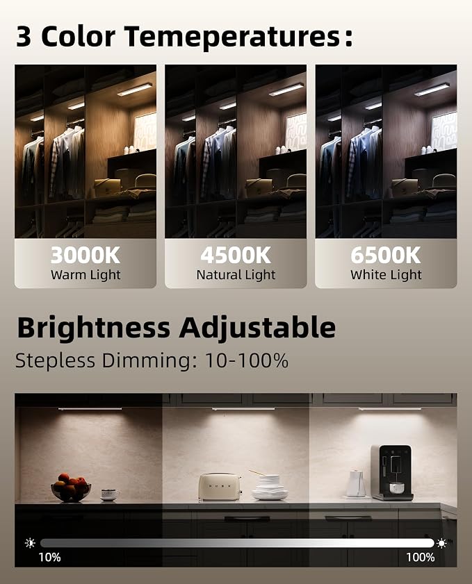 6Pack 12inch Under Cabinet Lighting, Rechargeable Motion Sensor Light Wireless Indoor, Dimmable 3 Color Temps Closet Lights with Remote, Indoor Under Counter LED Lights for Kitchen, Stairs
