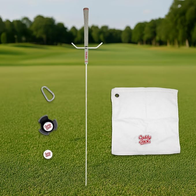 Golf Club Stand Silver/Grey Grip & Accessories | Designed to Minimize Bending on the Course | Multi-Club Holder, Ball Pick-Up Cap, Towel, Carabiner & Marker | Made in USA