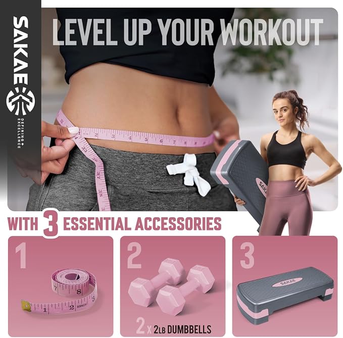 Adjustable Height Aerobic Stepper Set, Multiple Bundle Options with Dumbbells, Kettlebell, Waist Trimmer, Ankle Weights or Weighted Vest, Workout Exercise Step Platform w/Level Risers, 4 Colors