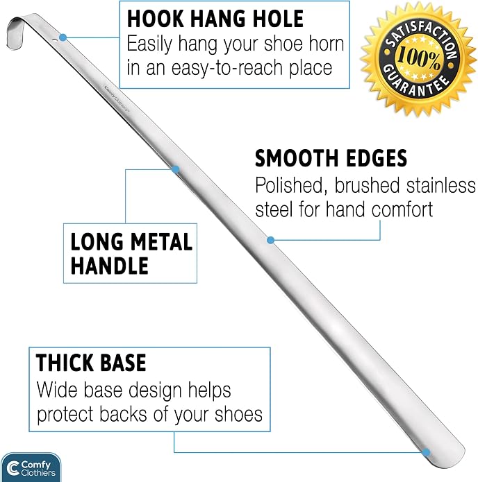 Comfy Clothiers Extra Long Metal Shoe Horn With Curved Handle (31inch/78cm) Multifunctional Stainless Steel Stick For Seniors & Adults Shoe Spoon Helper - Mobility Gadget Shoe Horn Aid for Seniors