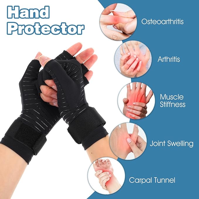 Copper Arthritis Compression Gloves with Wrist Strap, Fingerless Hand Compression Gloves for Women Men Carpal Tunnel