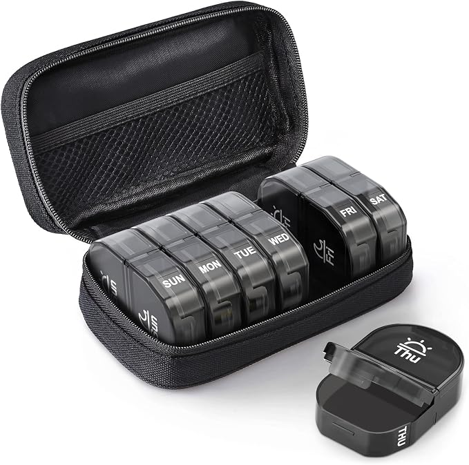 AUVON Canvas Bag Travel Pill Organizer 2 Times a Day, Large AM/PM Weekly Pill Box 7 Day Pill Case with Portable Black Zipper Cloth Bag for Holding Supplements, Vitamins and Fish Oils