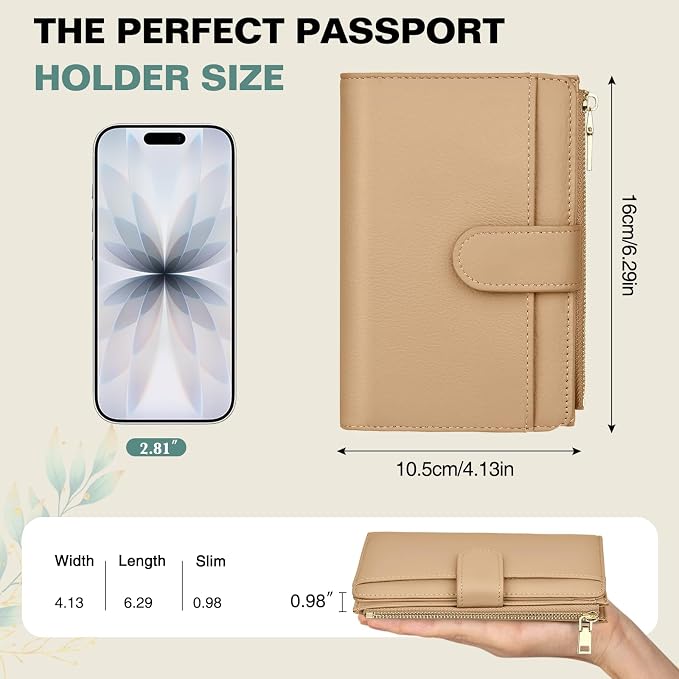 RFID Passport Holder for Travel, Leather Passport Wallet Cover with Airtag | with Airtag Slot, Card Cash Holders, Zippered Coins Pocket, for Women/Men, Gift Box, Travel Essentials, 4.1"L x 1"W x 6.3"H