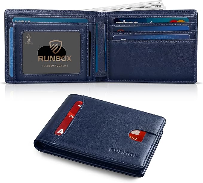 RUNBOX Wallet for Men, Slim Leather Bifold, RFID Blocking Card Holder | Minimalist Front Pocket Design, Credit Card Organizer, Holds 11 Cards, Large Capacity, Thin Profile, Birthday Gifts for Men