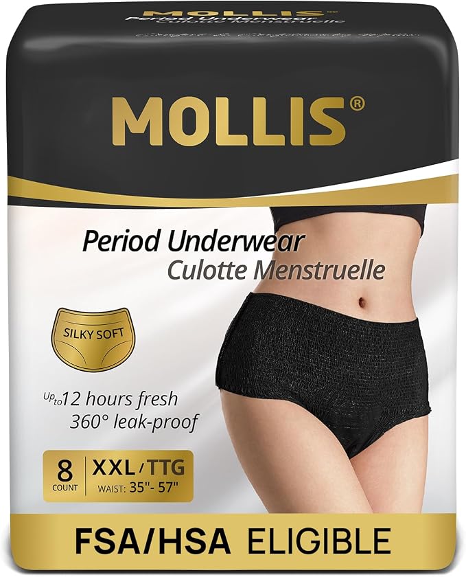 MOLLIS Disposable Period Underwear, Postpartum Panties, XXL, Black, 8Ct | Heavy Flow Period Underwear, Superior Absorbency, Leak Proof Design, Maternity Knickers, Soft Comfort Fit, Unscented