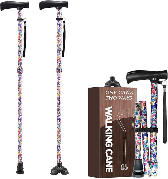 Floral Canes for Women Folding Cane for Stability with Non-Slip Base, Adjustable Walking Cane for Seniors - Lightweight Collapsible Walking Sticks with T & Offset Handle