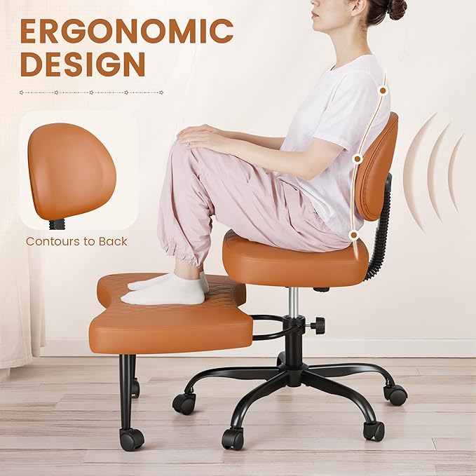 Ergonomic Cross Legged Office Chair with Wheels - Adjustable Height Kneeling Meditation Chairs for ADHD, Yoga & Desk Work - Wide Criss Cross Seat with Lumbar Support, Brown