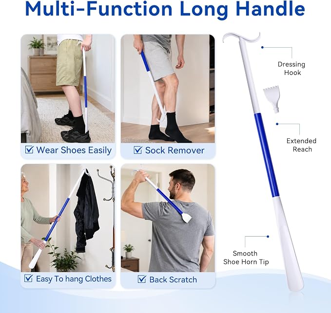 Sock Aid and 35.5 Inch Detachable Long Shoe Horn Set for Seniors, 2-Piece Sock Helper with Dressing Stick and Sock Remover for Putting on Socks, Shoes and Light Clothing Tasks
